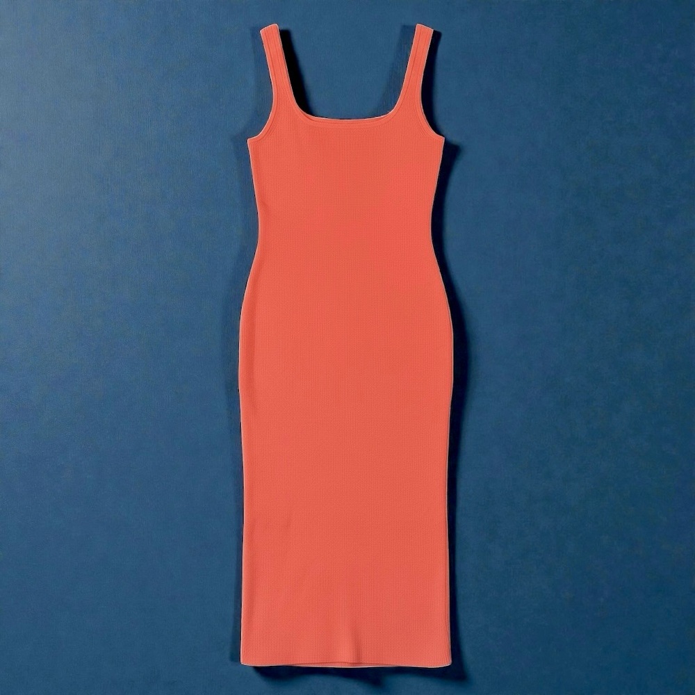 NWT Intermix Coral Orange Harlow Rib Knit Midi Tank Dress Minimalist Bodycon M
